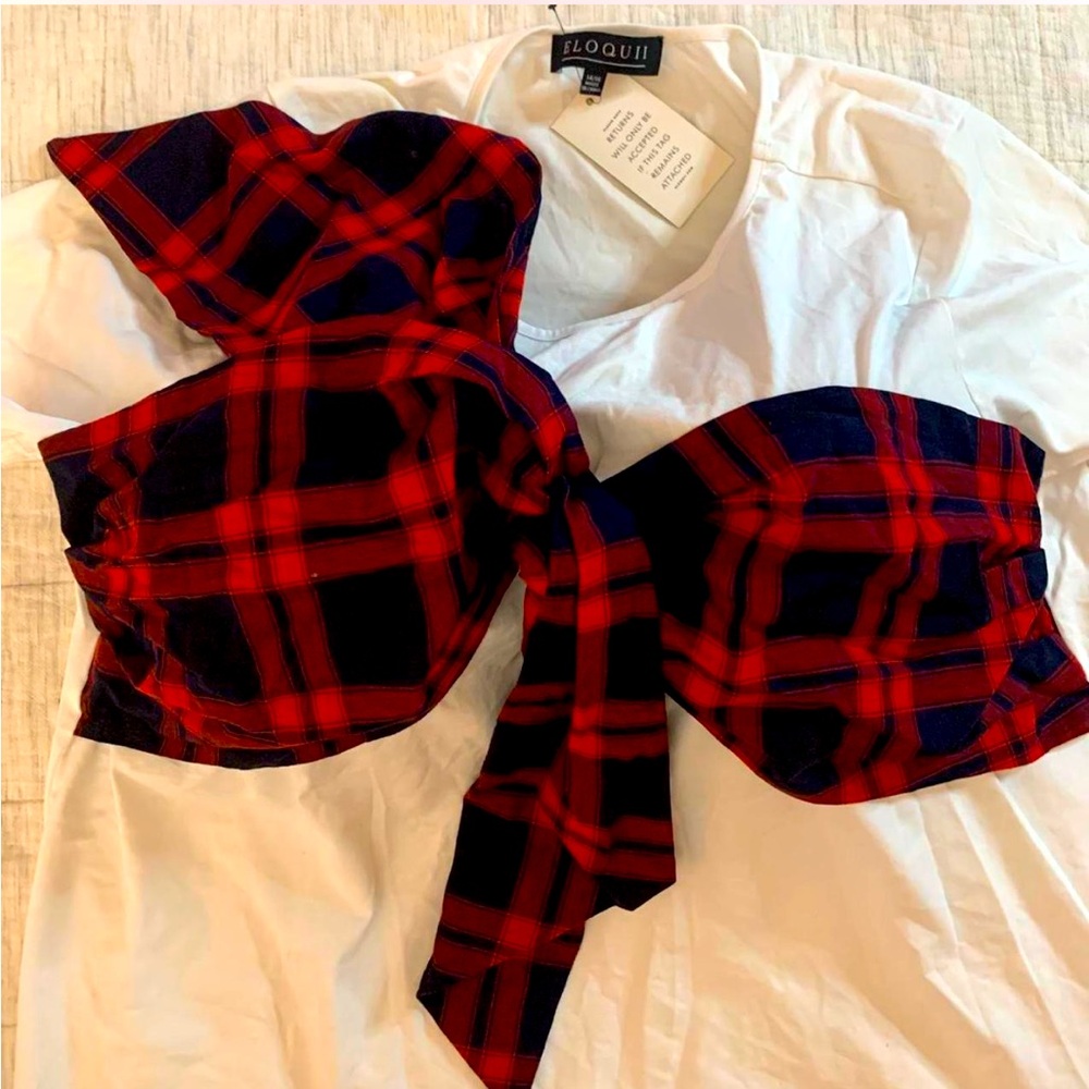 NWT Eloquii Red Plaid Faux-Bandau Tshirt